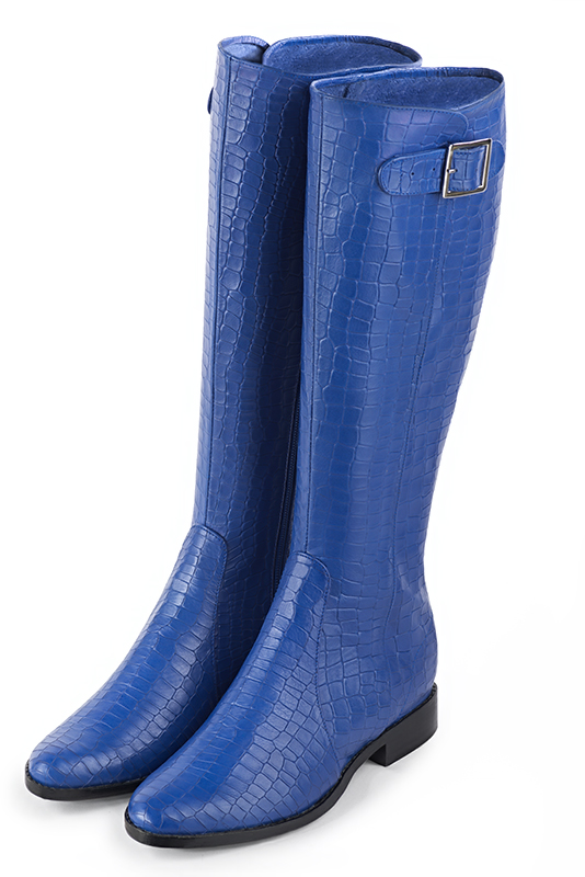 Bottes femme cavalieres sur mesures bleu electrique Mollets fins ou larges Bout rond. Semelle cuir talon plat. Personnalisation. Modele Archibald