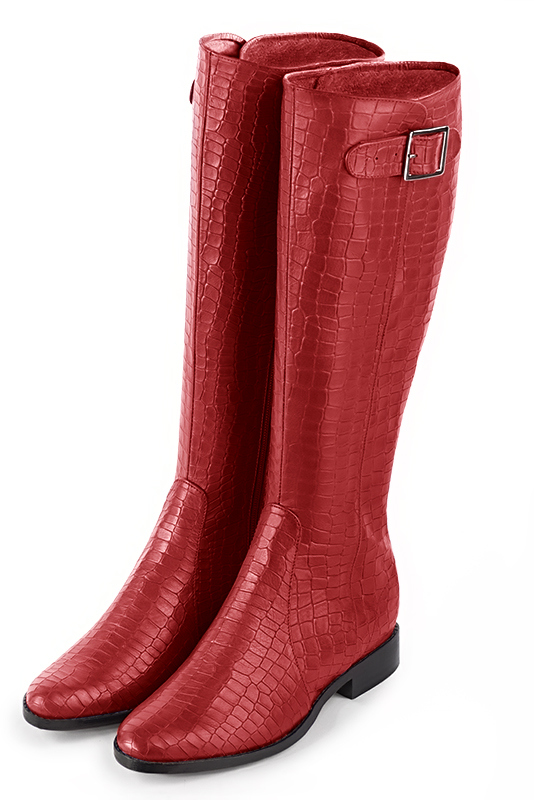 Bottes femme cavalieres sur mesures rouge coquelicot Mollets fins ou larges Bout rond. Semelle cuir talon plat. Personnalisation. Modele Archibald